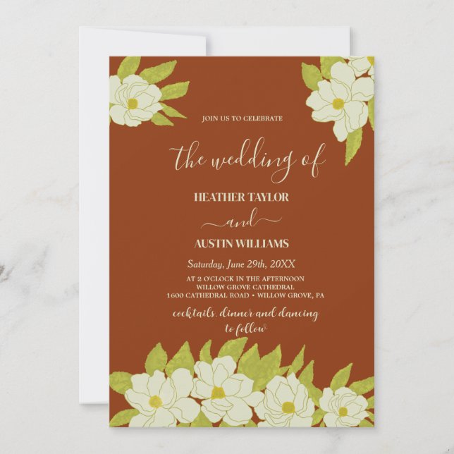 Invitación Ivory Magnolia Flower Rusty Boda (Anverso)