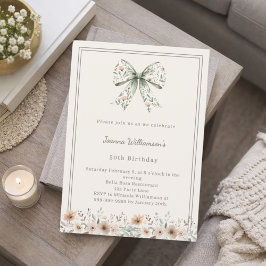Invitación Ivory muted green bow florals birthday
