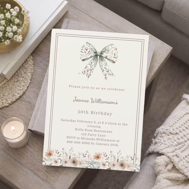 Invitación Ivory muted green bow florals birthday (Subido por el creador)