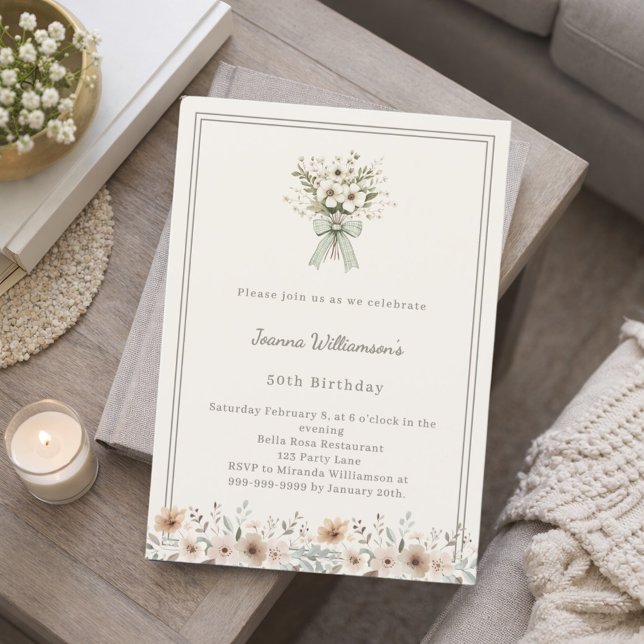 Invitación Ivory muted green floral birthday (Subido por el creador)