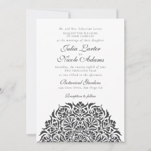 Invitación Ivory Negro Blanco Caprichoso Floral Mandala Boda