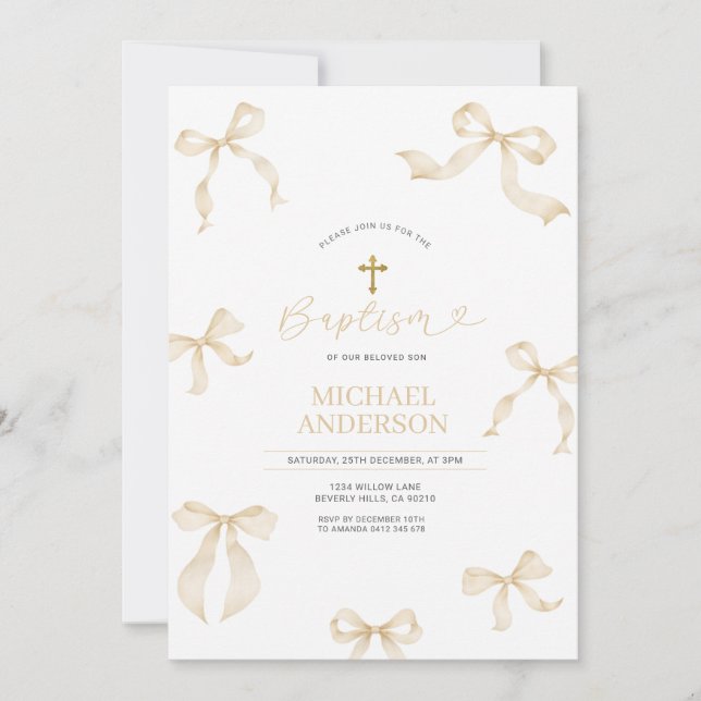 Invitación Ivory Neutral Bow Christening Invitation (Anverso)