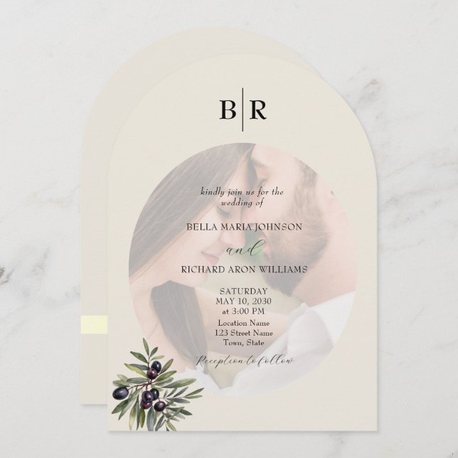 Invitación Ivory Olive Arched Photo Monogram Wedding (Anverso / Reverso)