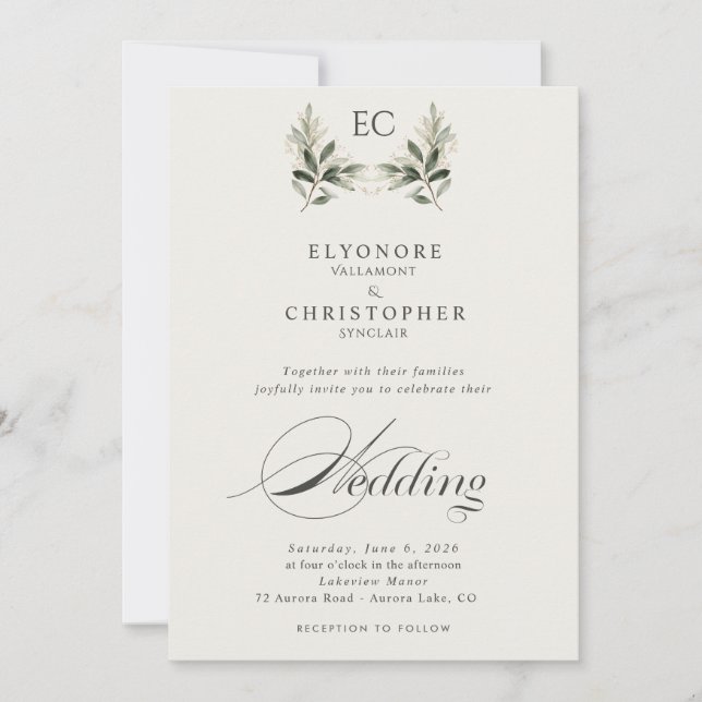 Invitación Ivory Olive Branch Monogram Photo Wedding  (Anverso)