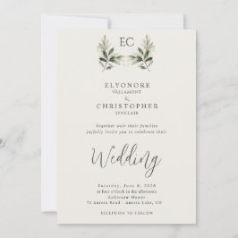 Invitación Ivory Olive Branch Monogram Photo Wedding 