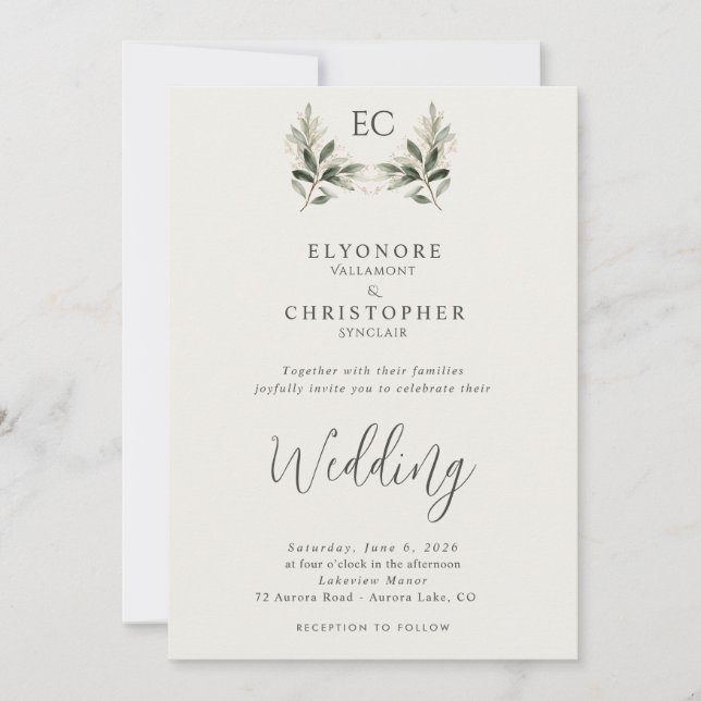Invitación Ivory Olive Branch Monogram Photo Wedding  (Anverso)