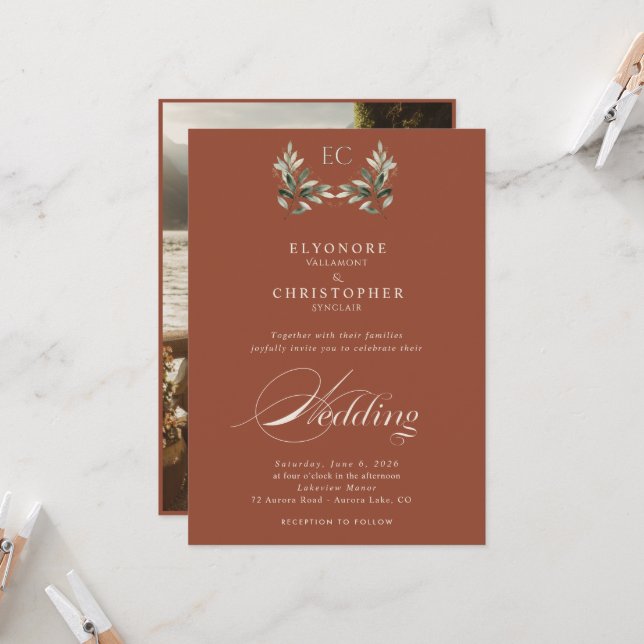 Invitación Ivory Olive Branch Monogram Photo Wedding  (Anverso/Reverso In Situ)