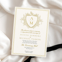 Ivory oro clásico formal cresta monograma boda