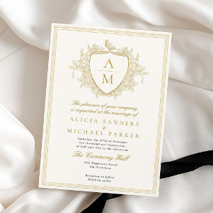 Invitación Ivory oro clásico formal cresta monograma boda