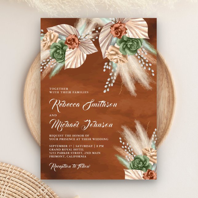 Invitación Ivory Palm Earthy Floral Pampas Terracotta Boda (Subido por el creador)