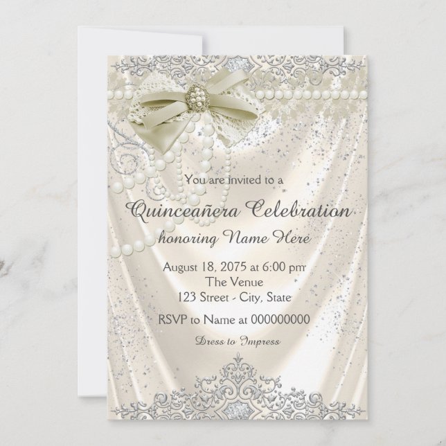 Invitación Ivory Pearl Satin Quinceanera (Anverso)