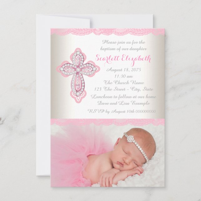 Invitación Ivory Pink Lace Diamond Cross Photo Baptism (Anverso)