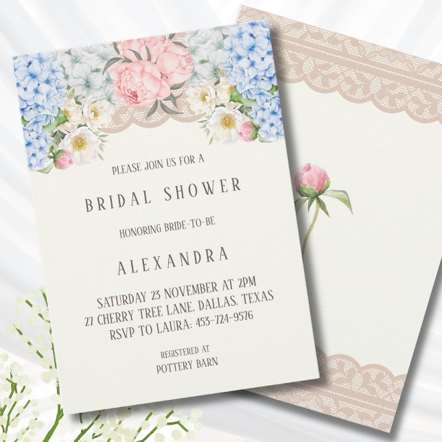 Invitación Ivory Pink Peony Blue Hydrangea Bridal Shower  (Subido por el creador)