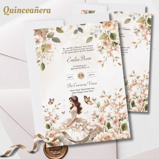 Invitación Ivory Quinceanera Vestir Mariposas Florales Elegan (Subido por el creador)