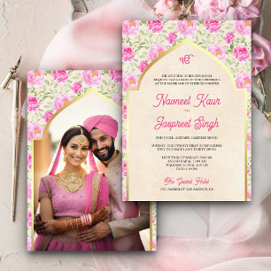 Invitación Ivory Rosa Floral Foto Anand Karaj Boda Sikh