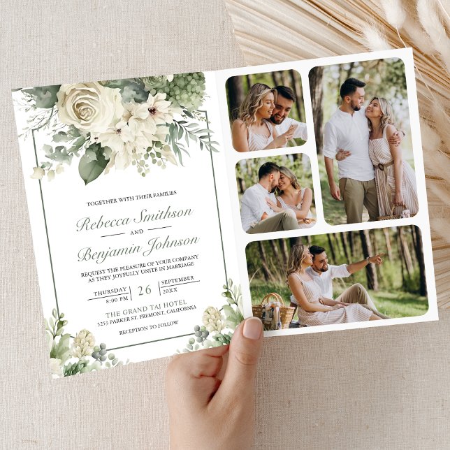 Invitación Ivory Rose Sage Green Floral Photo QR Code Wedding (Subido por el creador)