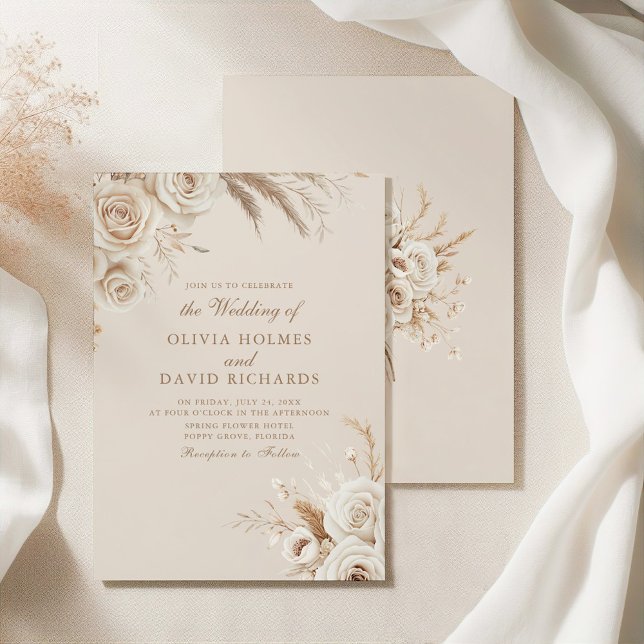 Invitación Ivory Roses & Dried Flowers Wedding Invitation (Boho Beige Dried Flower and White Roses Wedding Invitation on an elegant silky tableclothes
)
