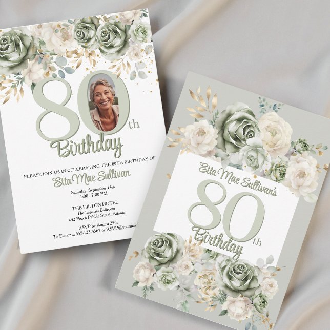 Invitación Ivory Sage green Floral border 80th birthday Photo (Subido por el creador)