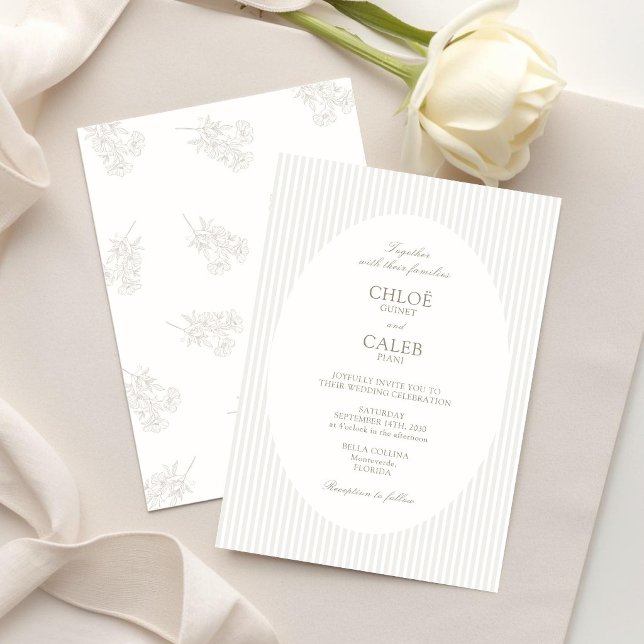 Invitación Ivory & Sand | Boda oval botánico de rayas (Subido por el creador)