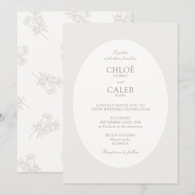 Invitación Ivory & Sand | Botanical Oval Wedding (Anverso / Reverso)