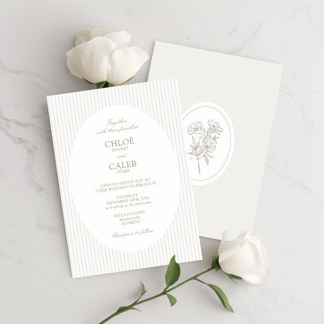 Invitación Ivory & Sand | Stripe Botanical Oval Wedding (Subido por el creador)