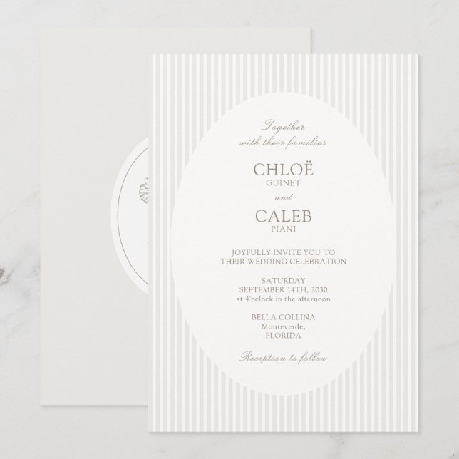 Invitación Ivory & Sand | Stripe Botanical Oval Wedding (Anverso / Reverso)