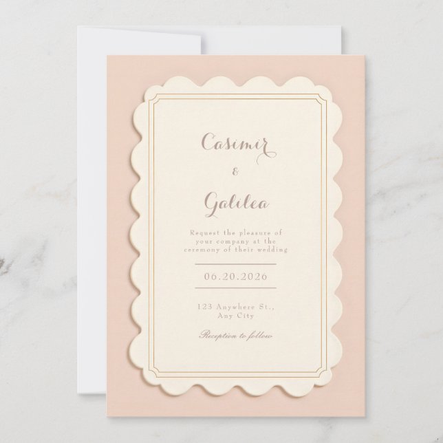 Invitación Ivory Scalloped Gilded Border Minimalist Wedding (Anverso)