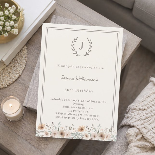 Invitación Ivory taupe monogram wreath florals birthday (Subido por el creador)