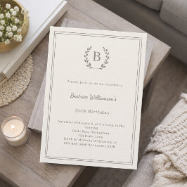 Invitación Ivory taupe monogram wreath luxury birthday
