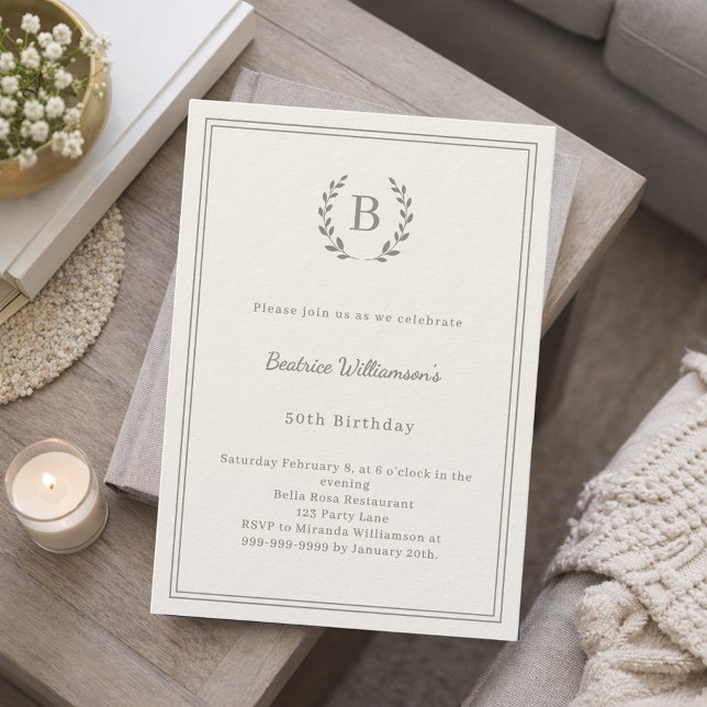 Invitación Ivory taupe monogram wreath luxury birthday (Subido por el creador)