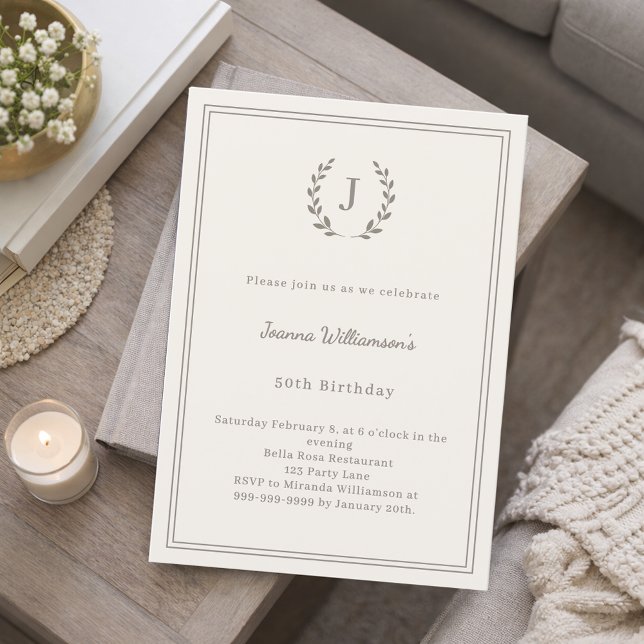 Invitación Ivory taupe monogram wreath minimalist (Subido por el creador)