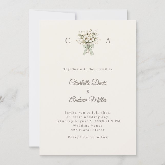 Invitación Ivory taupe monogrammed floral green wedding  (Anverso)