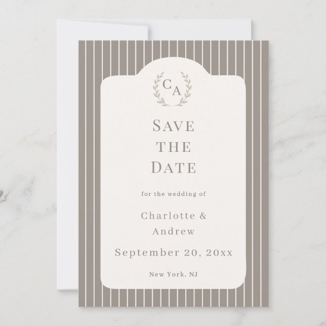 Invitación Ivory Taupe Neutral Pinstriped Wedding  (Anverso)