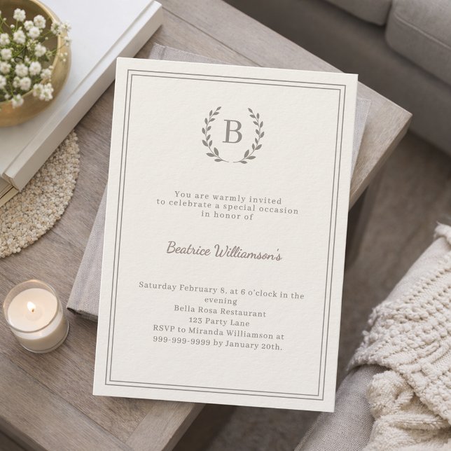 Invitación Ivory taupe wreath milestone age-neutral luxury (Subido por el creador)