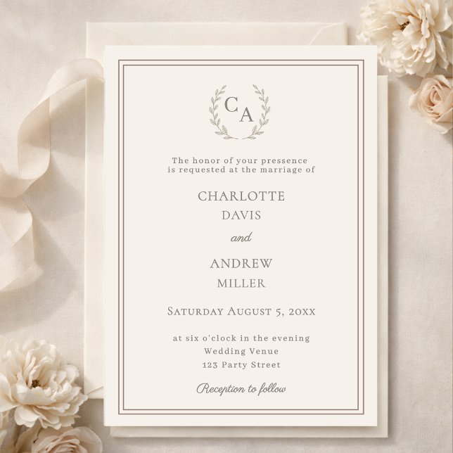 Invitación Ivory taupe wreath monogram luxury wedding  (Subido por el creador)