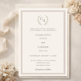 Invitación Ivory taupe wreath monogram simple wedding 