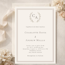 Invitación Ivory taupe wreath monogrammed simple wedding 