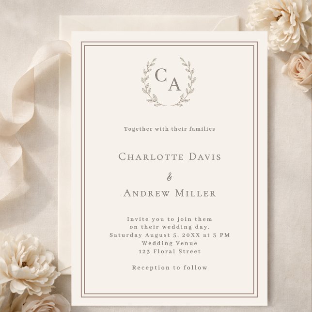 Invitación Ivory taupe wreath monogrammed simple wedding  (Subido por el creador)