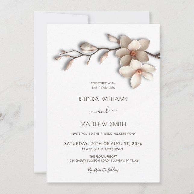 Invitación Ivory White 3D Magnolia Flower Wedding (Anverso)
