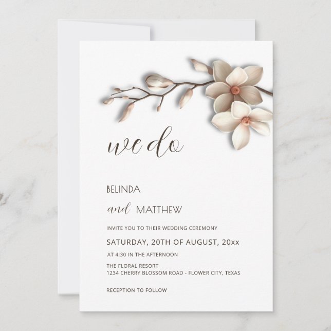 Invitación Ivory White 3D Magnolia Flower Wedding (Anverso)