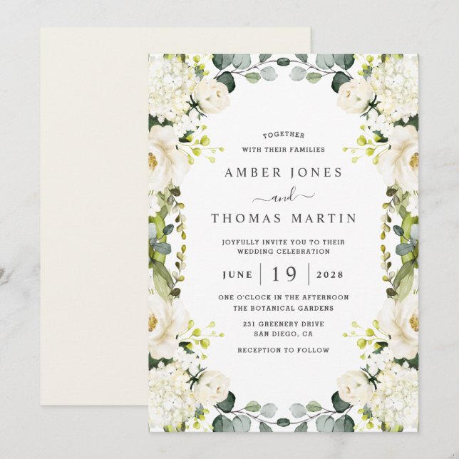 Invitación Ivory White Floral Elegant Wedding  (Anverso / Reverso)