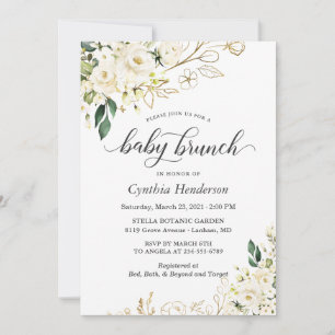 Invitación Ivory White Rose Floral Baby Shower Brunch