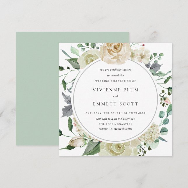 Invitación Ivory White Rose Hydrangea Boda Floral (Anverso / Reverso)