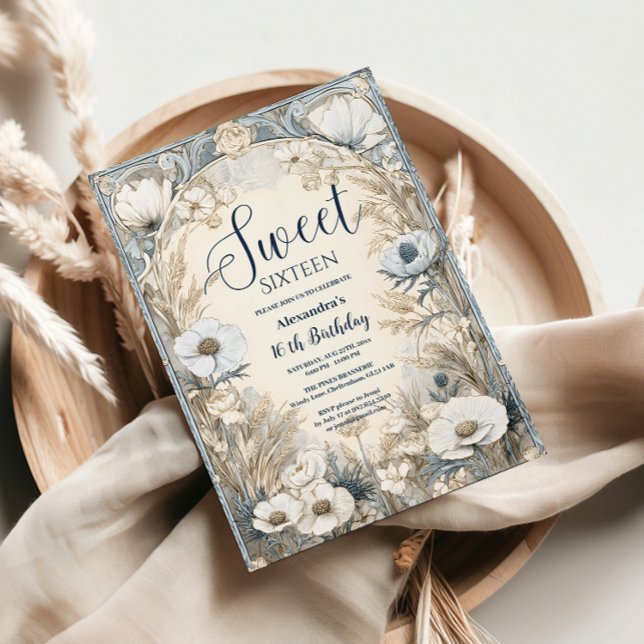 Invitación Ivory Wildflower Art Nouveau Sweet Sixteen (Subido por el creador)