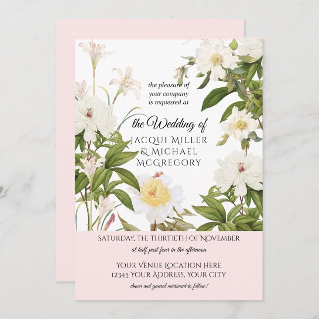Invitación Ivory y Rubor Vanilla Rosa con Leaf Foliag Boda (Anverso / Reverso)
