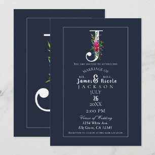 Invitación J Monograma Inicial Moderna Floral Azul Boda