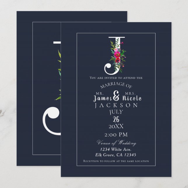 Invitación J Monograma Último Boda floral azul moderno inicia (Anverso / Reverso)