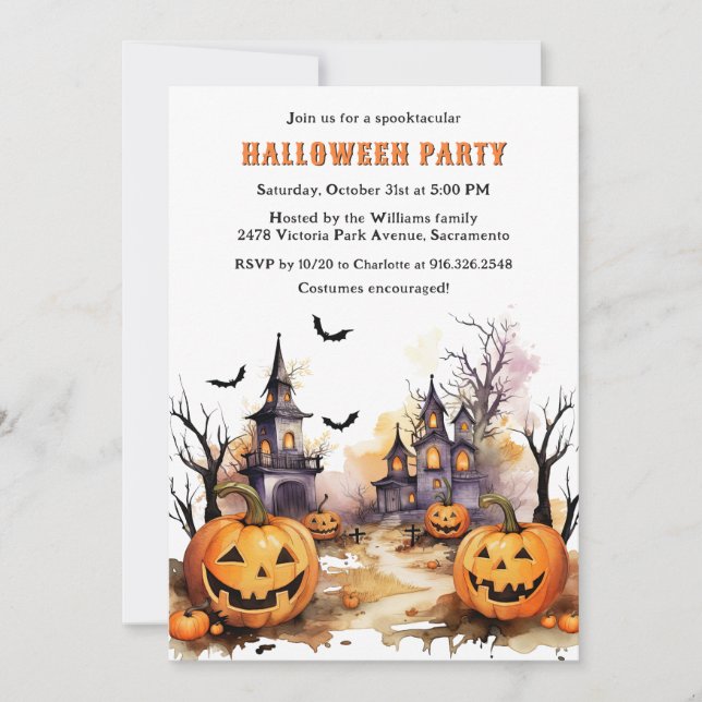 Invitación Jack O’Lanterns Bats Witch Halloween Party (Anverso)