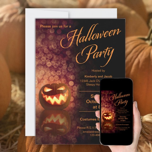 Invitación Jack O'Lantern Fiesta de Halloween negro + Naranja (Jack O'Lantern Halloween Party invitation with orange bokeh sparkles on a black background. )