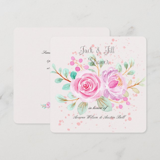 Invitación Jack y Jill Bridal Shower Watercolor Roses rosados (Anverso / Reverso)